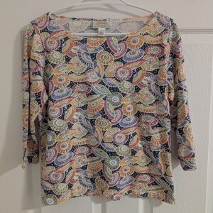 TALBOTS PETITES Japanese Parasol Wagasa Print Cotton 3/4 Sleeve Tee Sz Small P